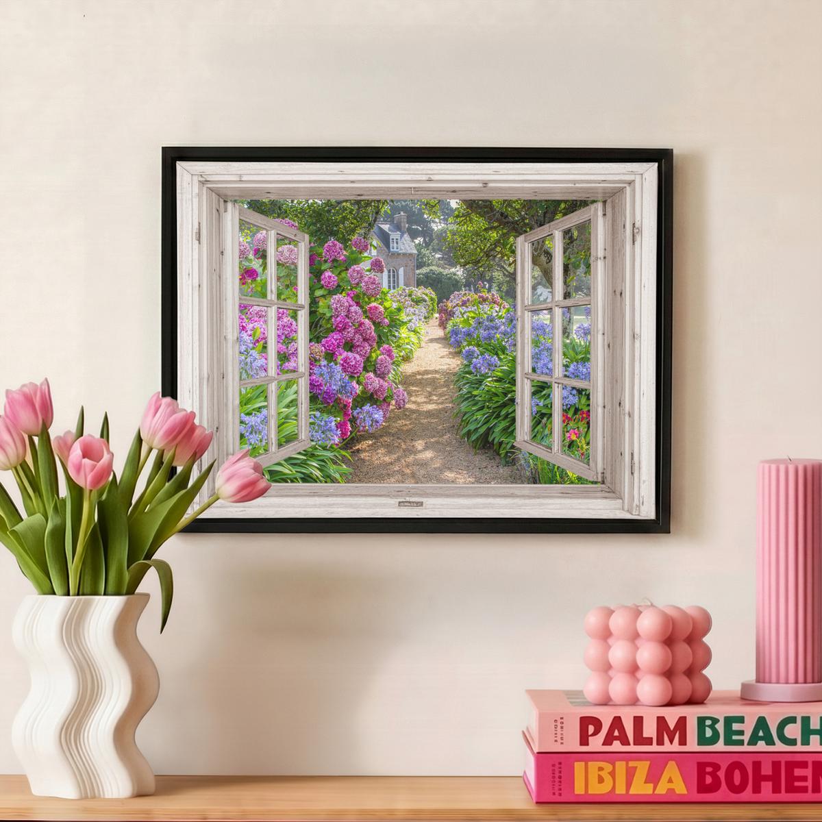 LEINWAND Bilder mit Rahmen - Hortensie - Durchsichtig - Blumen - Sommer - Lila - Weg - 40x30 - Lila, Textil (40/30cm) - MuchoWow