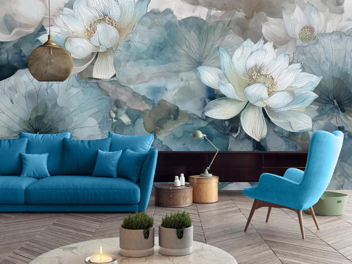FOTOTAPETE Blumen Beton Blau 300x210 cm - Multicolor, Papier (300/210cm) - Wallarena