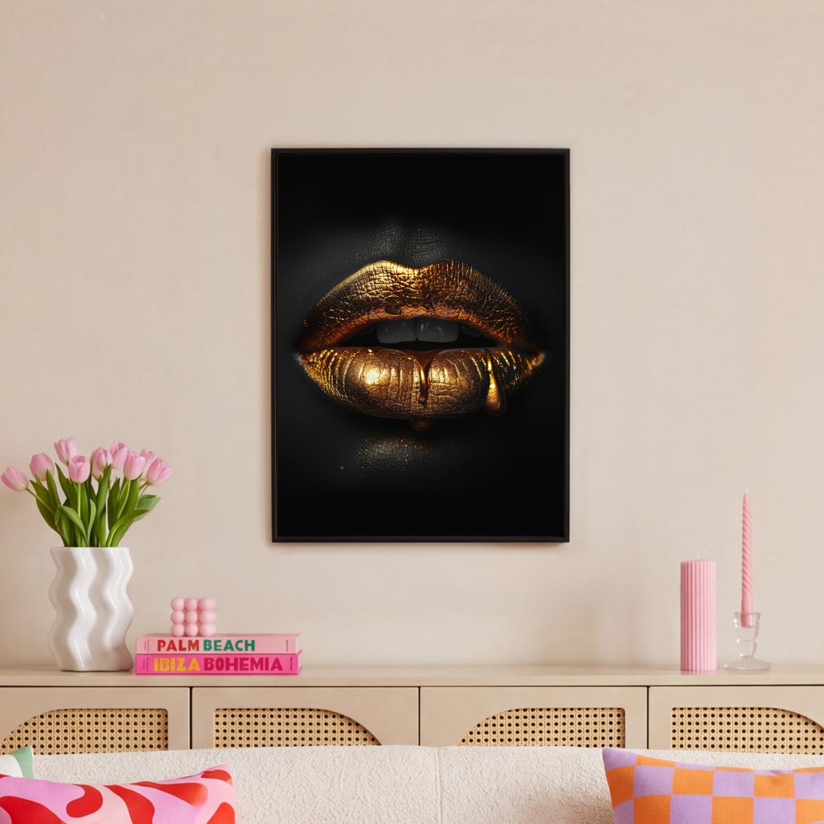 LEINWAND Bilder mit Rahmen - Frau - Porträt - Lippen - Gold - Schwarz - 50x70 - Schwarz, Textil (50/70cm) - MuchoWow