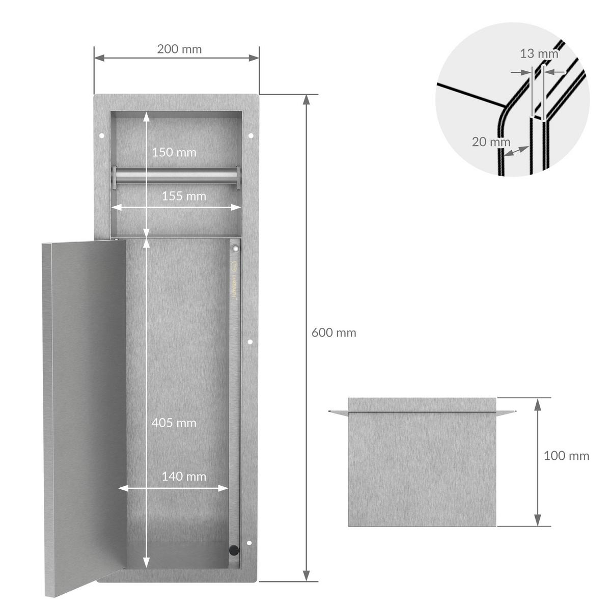 UNTERPUTZ-SCHRANKMODUL WC aus Edelstahl Silber 60x20x14 cm - Silberfarben, Metall (14/60/20cm) - LuxeBath