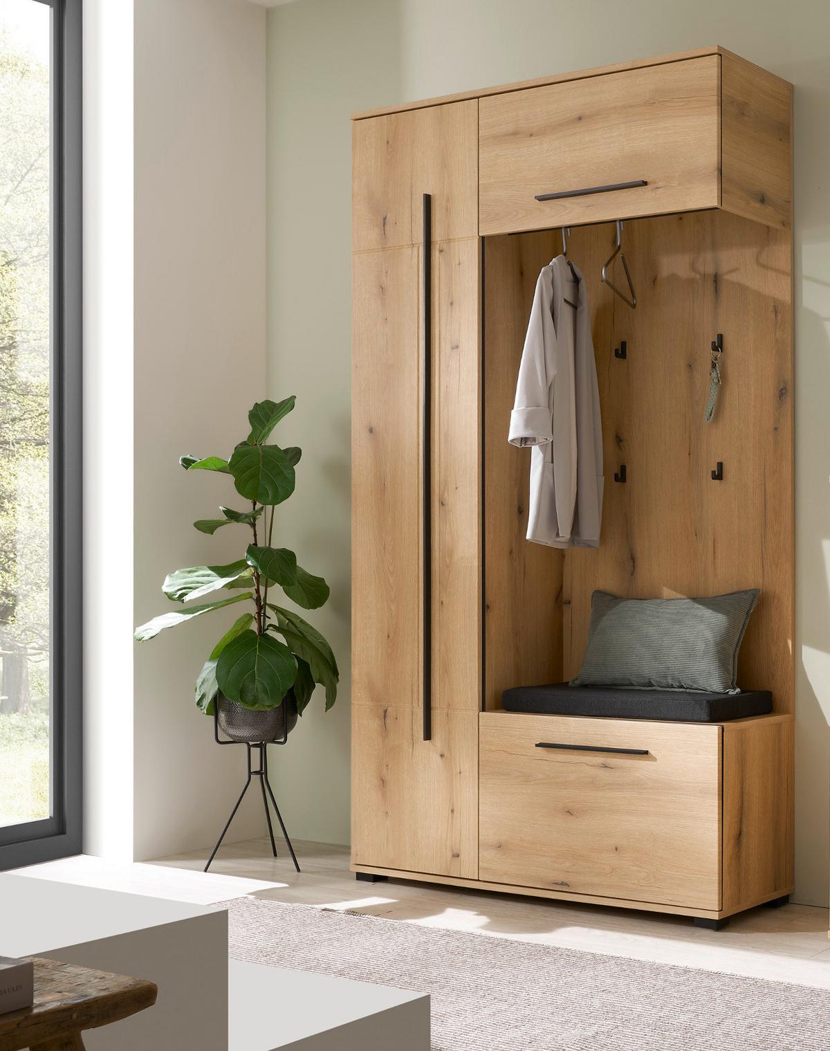 KOMPAKTGARDEROBE Evoke Eiche 111 x 200 cm, Garderobe mit Soft-Close - Eichefarben/Schwarz, Holzwerkstoff/Kunststoff (111/200/37cm) - Furn.Design