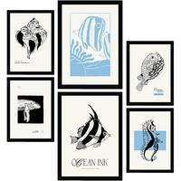 POSTER Set Mit 6 In Schwarzer Tinte Meeresmuster Kunstdrucke Von Meer Und Ozean Für Innenarchitektur A3 & A4 Schwarzer Rahmen - Schwarz, Papier (29/3cm) - Nacnic