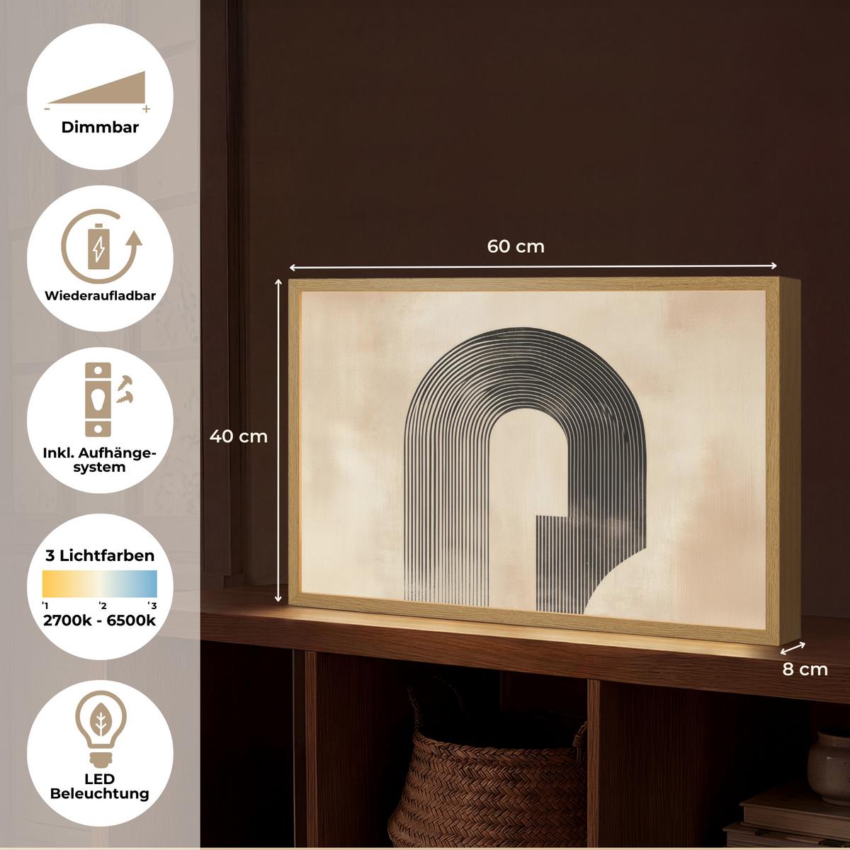 WANDLEUCHTE MIT AKKU Schleife - Streifen - Minimalistisch - Schwarz 60x40 cm - Beige, Holzwerkstoff (60/40/8cm) - OnlyWow