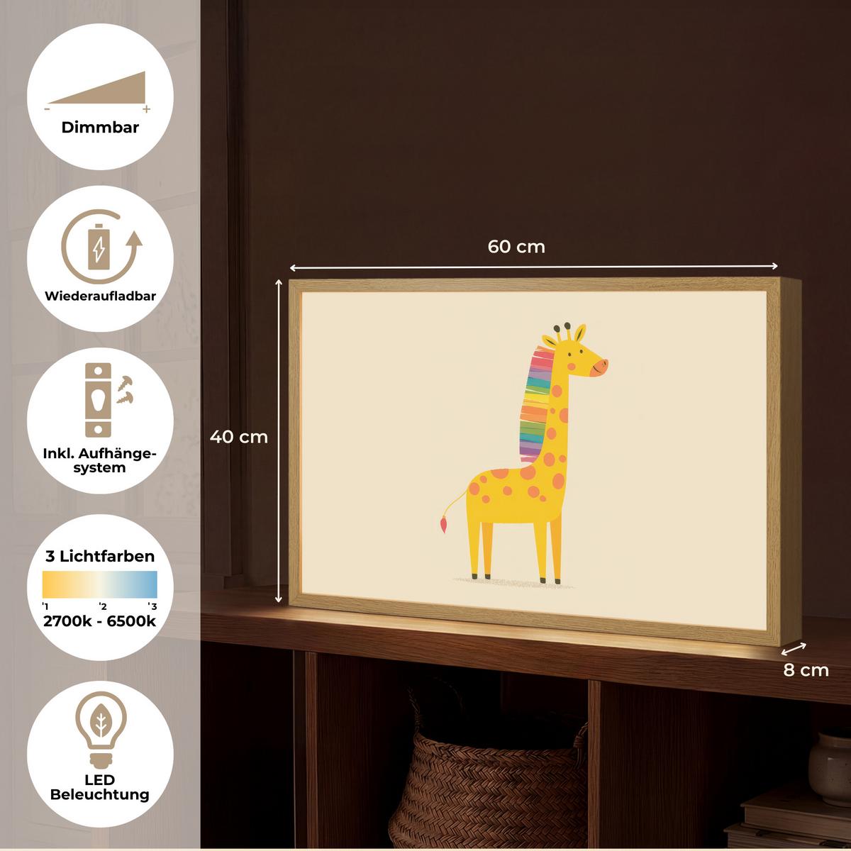 NACHTTISCHLAMPE MIT AKKU Giraffe - Regenbogenmähne - Beige 60x40 cm - Beige, Holzwerkstoff (8/60/40cm) - OnlyWow