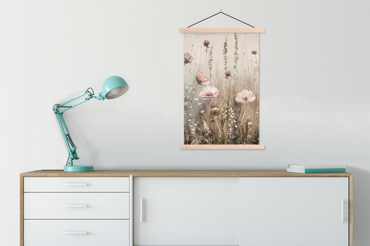 POSTER MIT MAGNETLEISTEN Blumen - Rosa - Modern - Beige Wandbild Schlafzimmer 60x90 cm - Beige, Textil (60/90/0.15cm) - MuchoWow
