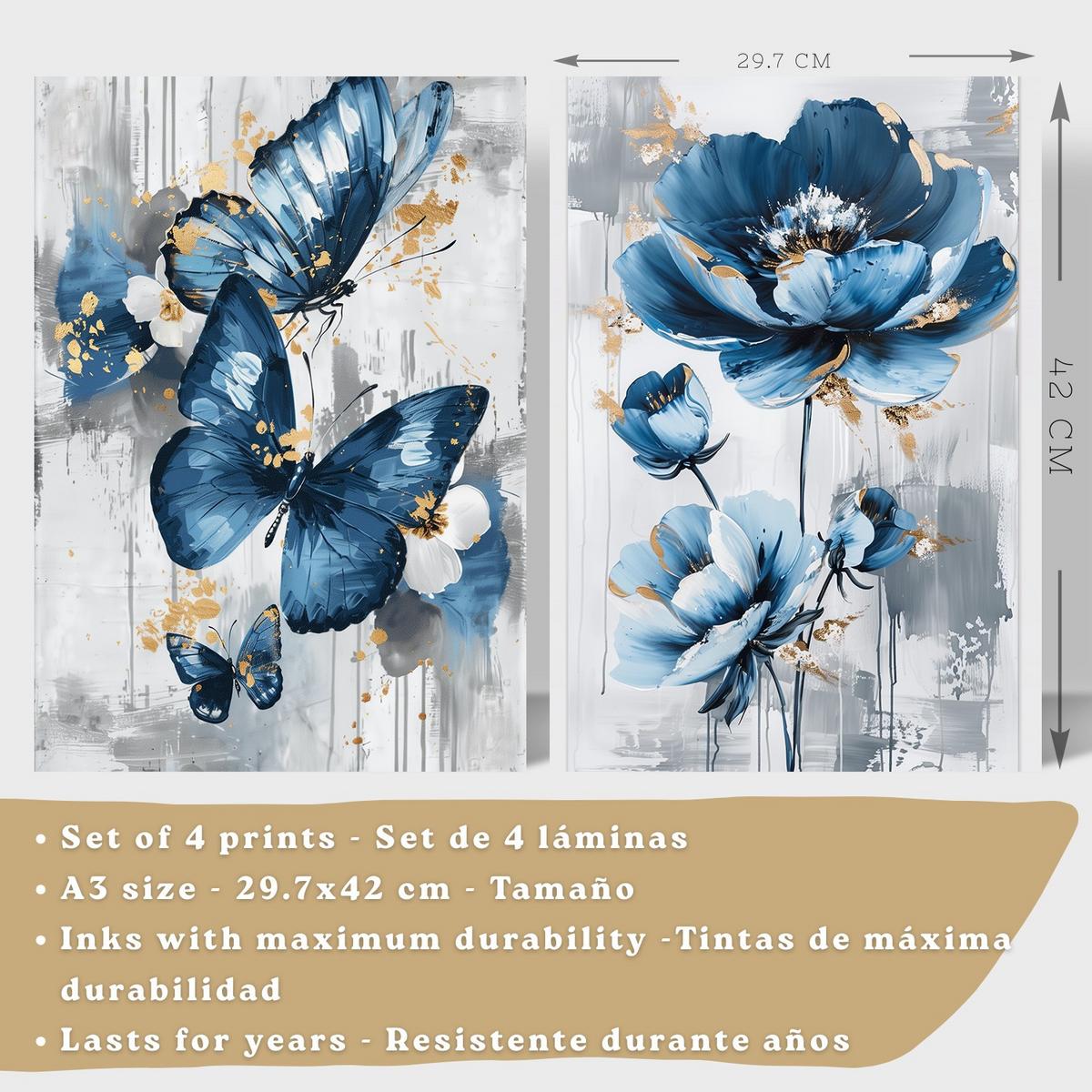 POSTER 4er Kunstdruck-Set Wandbilder Blumen Blau Schmetterlinge modern Wohnzimmer Deko, Schlafzimmer, Küche, Badezimmer Rahmenlos A3 - Beige, Papier (29.7/1/42cm) - Nacnic