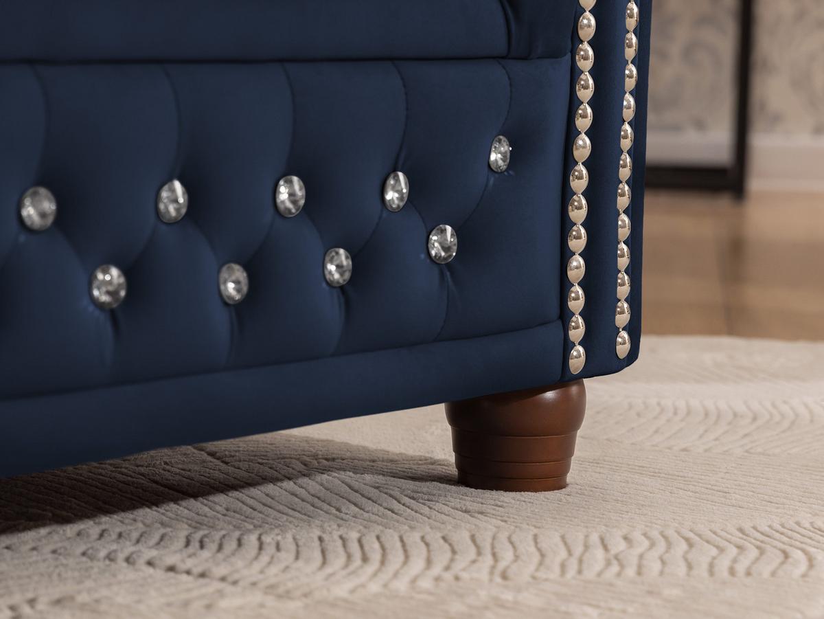 ECKSOFA mit Schlaffunktion Chesterfield Marineblau Samt mit Kristallsteppung und braunen Massivholzfüßen - Ottomane Links - Blau/Braun, Holz/Textil (264/210cm) - S-Style Möbel