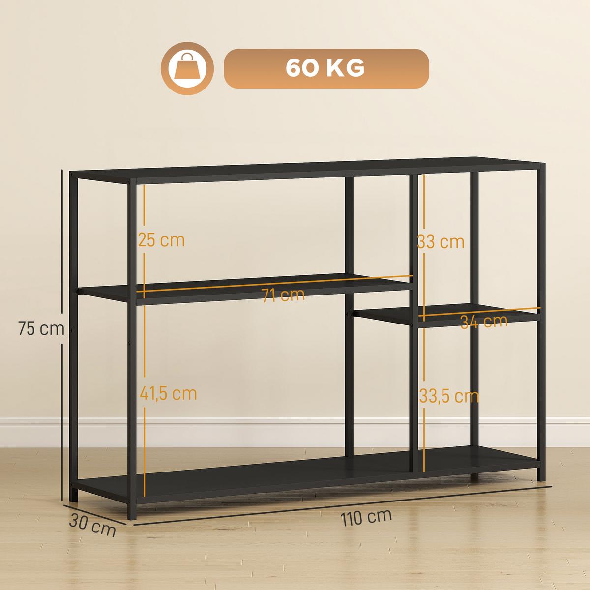 KONSOLENTISCH Flurtisch mit 4 Ablagen, Beistelltisch mit Stahlrahmen, Schwarz - Schwarz, Metall (110/30/75cm) - HOMCOM