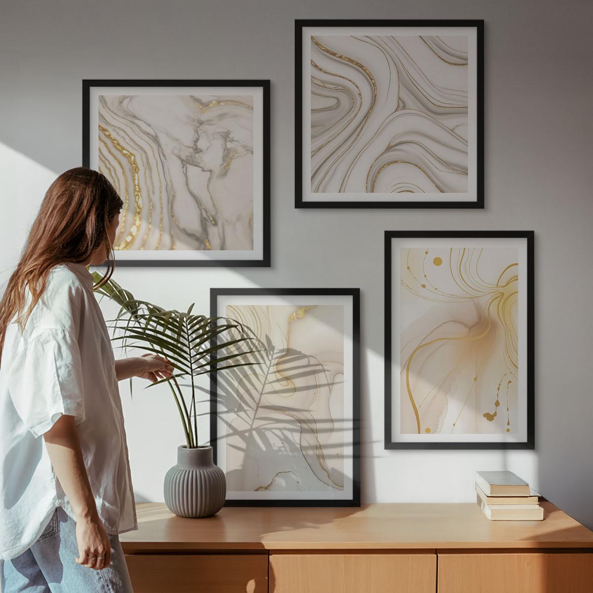 BILDER SET 4er Set - 50x50 cm & 40x60 cm Schwarzer Rahmen - Subtile abstrakte Muster - Schwarz, Kunststoff (50/50cm) - TULUP
