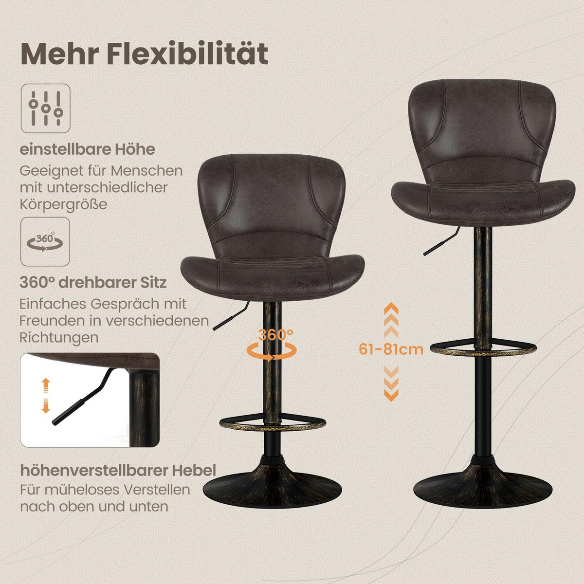BARHOCKER Braun(2er-Set) - Braun, Metall (56/93/47cm) - COSTWAY