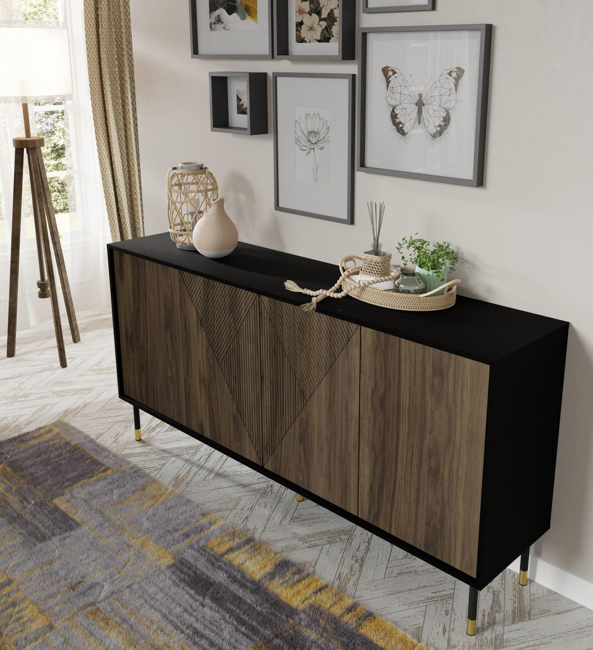 KOMMODE Schwarz, Walnuss, Gold 180/88/40 - Schwarz, Holzwerkstoff (180/88/40cm) - RAUMHIRSCH FURNITURE