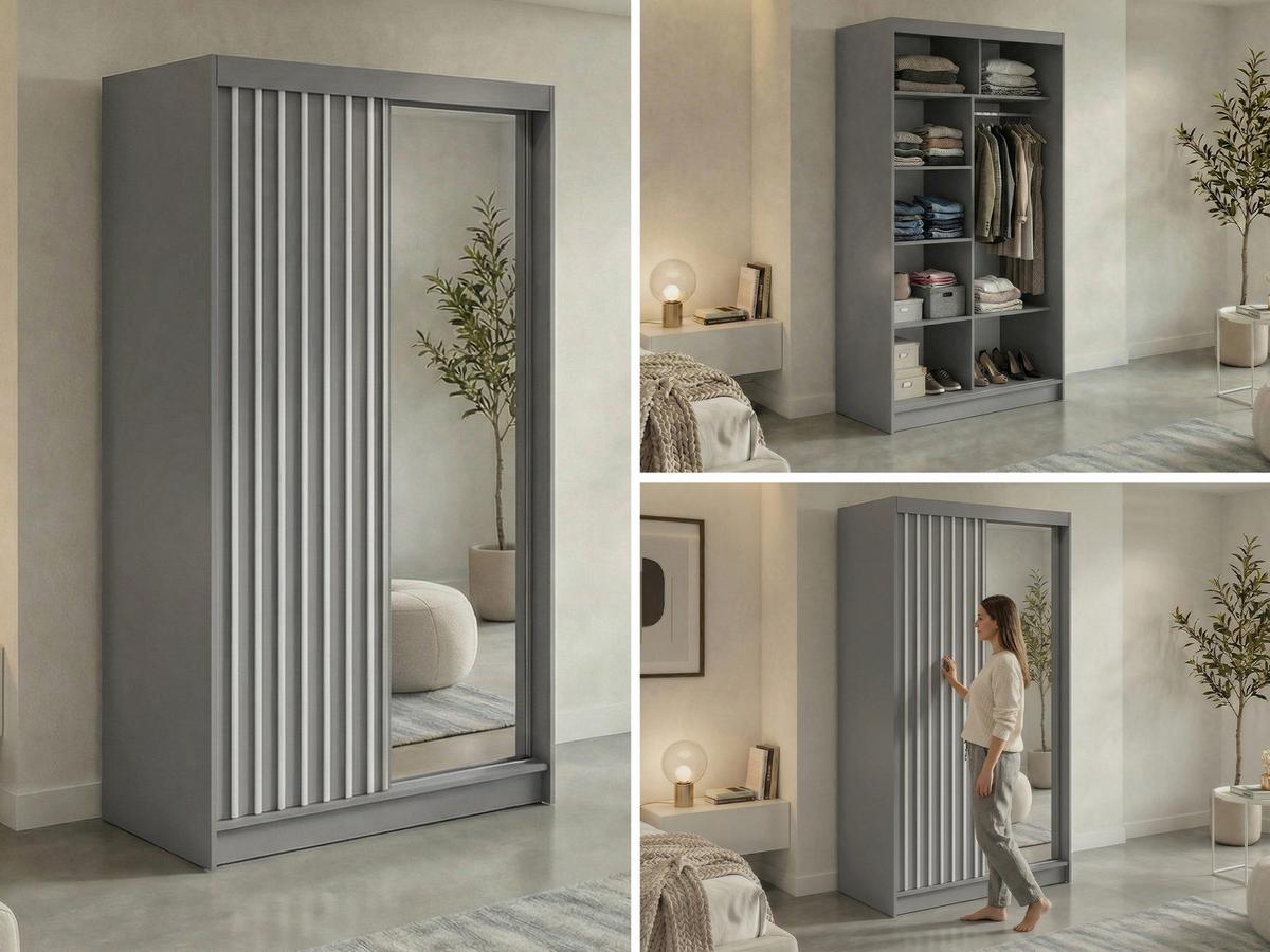 SCHWEBETÜRENSCHRANK mit Spiegel LAOS - 120 - Grau - Weiß Lamellen - Alufarben/Weiß, Holzwerkstoff/Metall (120/216/61cm) - MKS