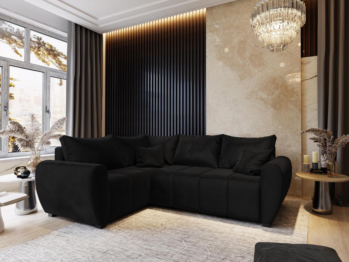 ECKSOFA MADISON L L-S Schwarz Plüsch-Stoff mit Schlaffunktion - Schwarz, Holz/Kunststoff (235/175cm) - MASSENO