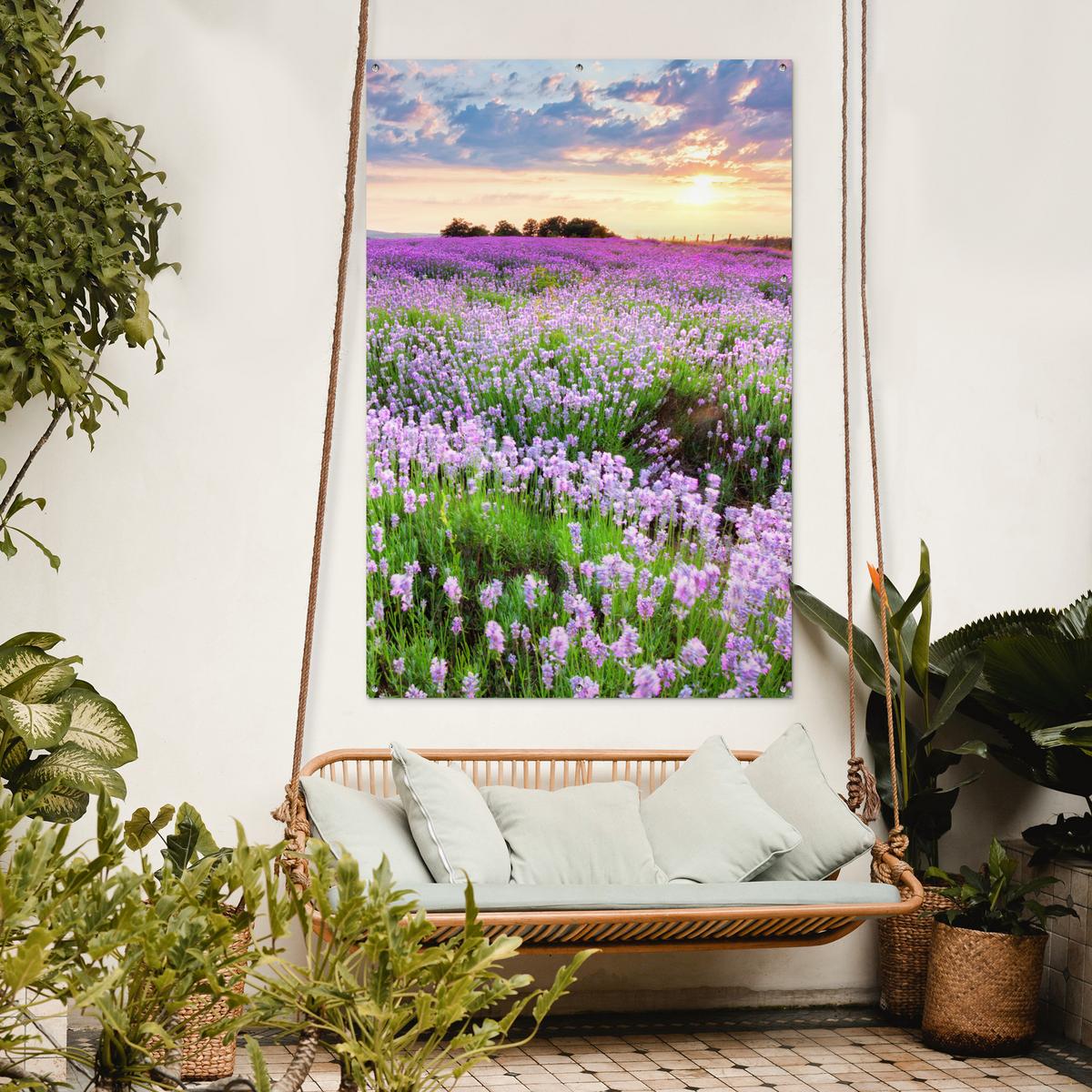 GARTENPOSTER Blumen - Lavendel - Lila - Himmel - Sonnenuntergang - Wiese - Natur Bild 120x180 cm - Flieder, Kunststoff (120/180/0.2cm) - OnlyWow