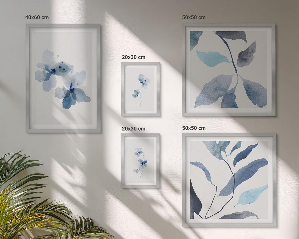 BILDER SET 5er Set - 50x50 cm & 20x30 cm & 40x60 cm Silberner Rahmen - Minimalistische blaue Blumen - Silberfarben, Kunststoff (40/60cm) - TULUP