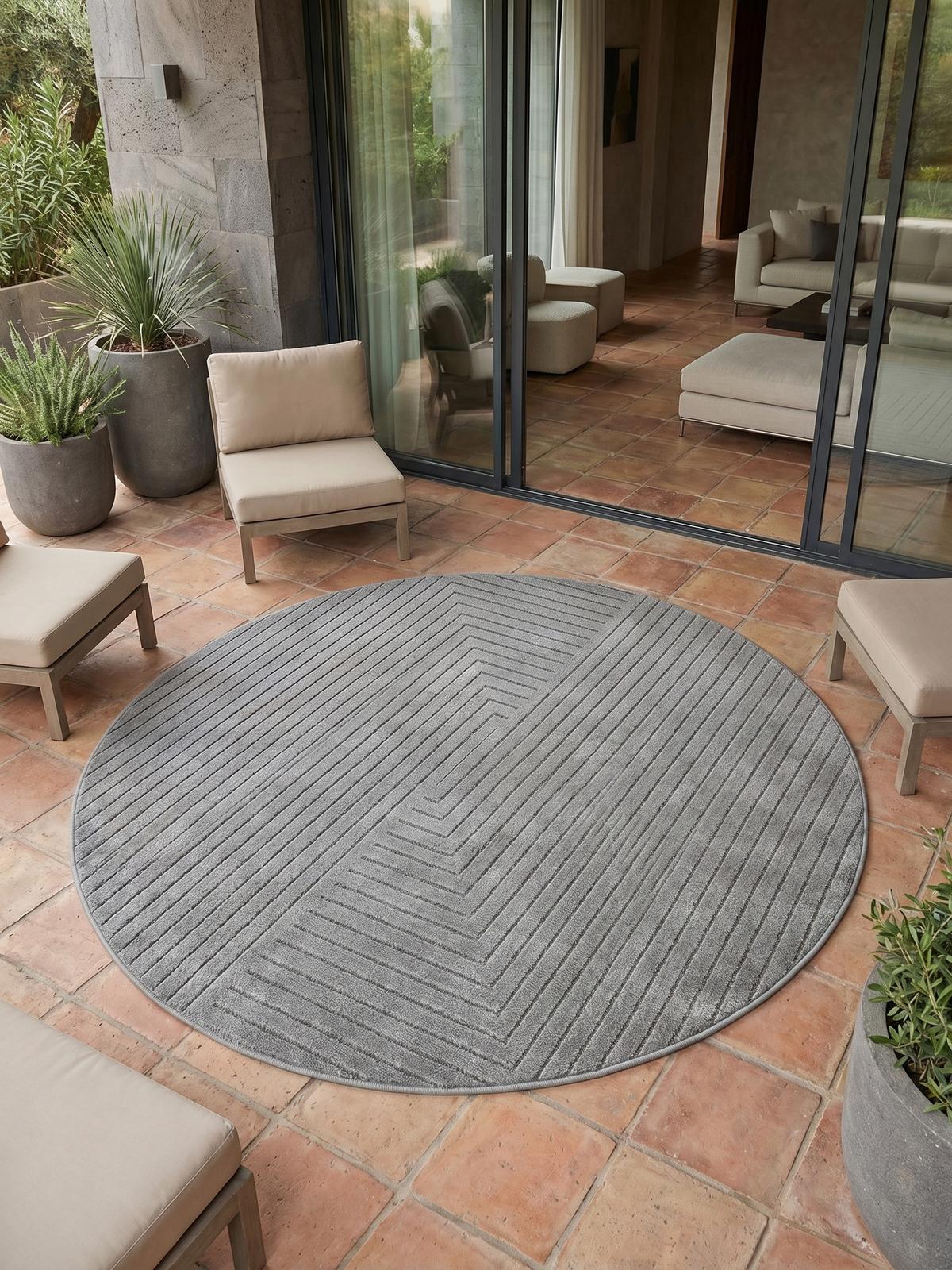 TEPPICH Outdoor ENGADIN in Silber, im Skandi-Stil mit 3D-Design, aus Polypropylen, Ø 120 cm - Silberfarben, Textil (120/120cm) - KADIMA DESIGN