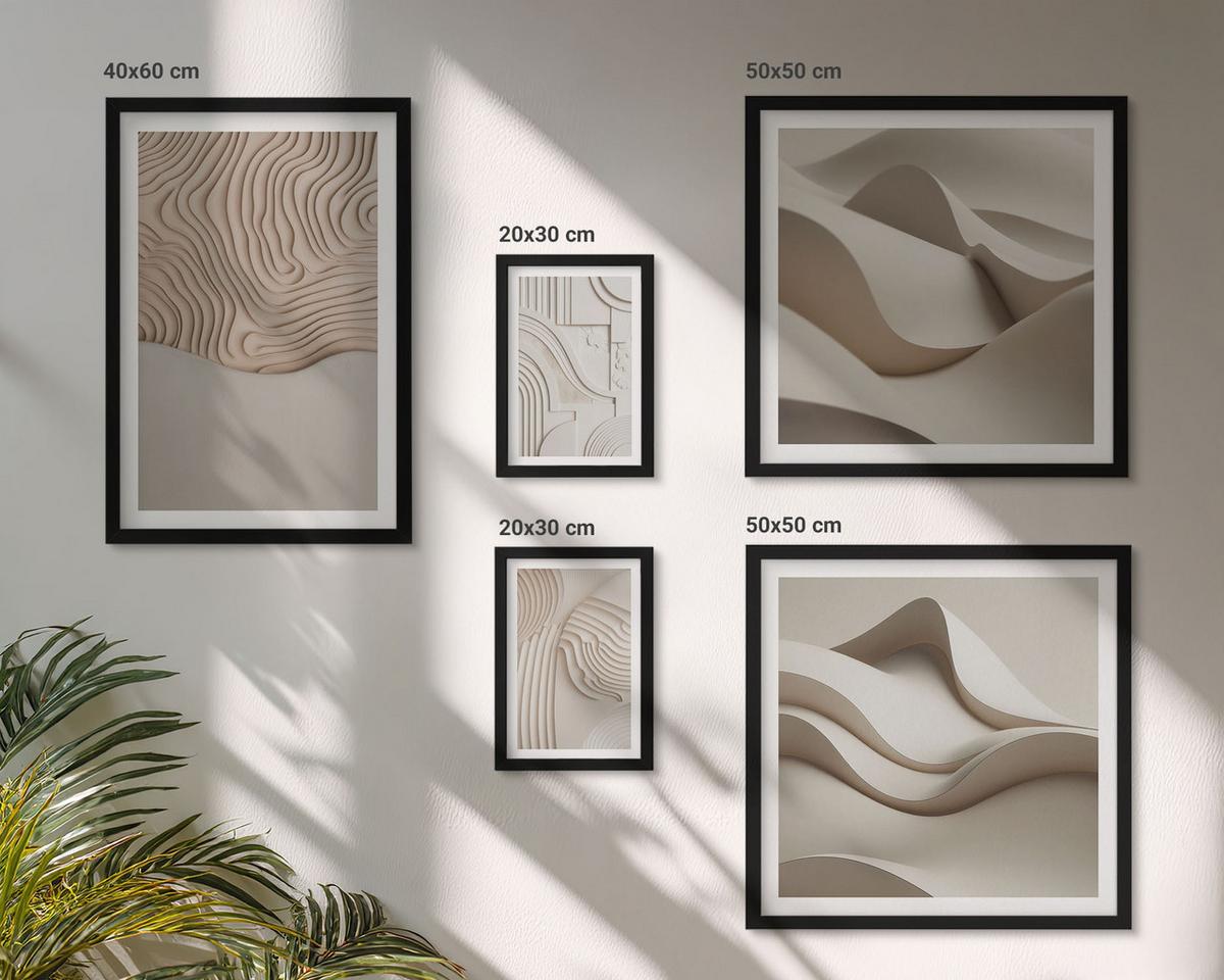 BILDER SET 5er Set - 50x50 cm & 20x30 cm & 40x60 cm Schwarzer Rahmen - Abstrakte Wellen auf dem Sand - Schwarz, Kunststoff (40/60cm) - TULUP