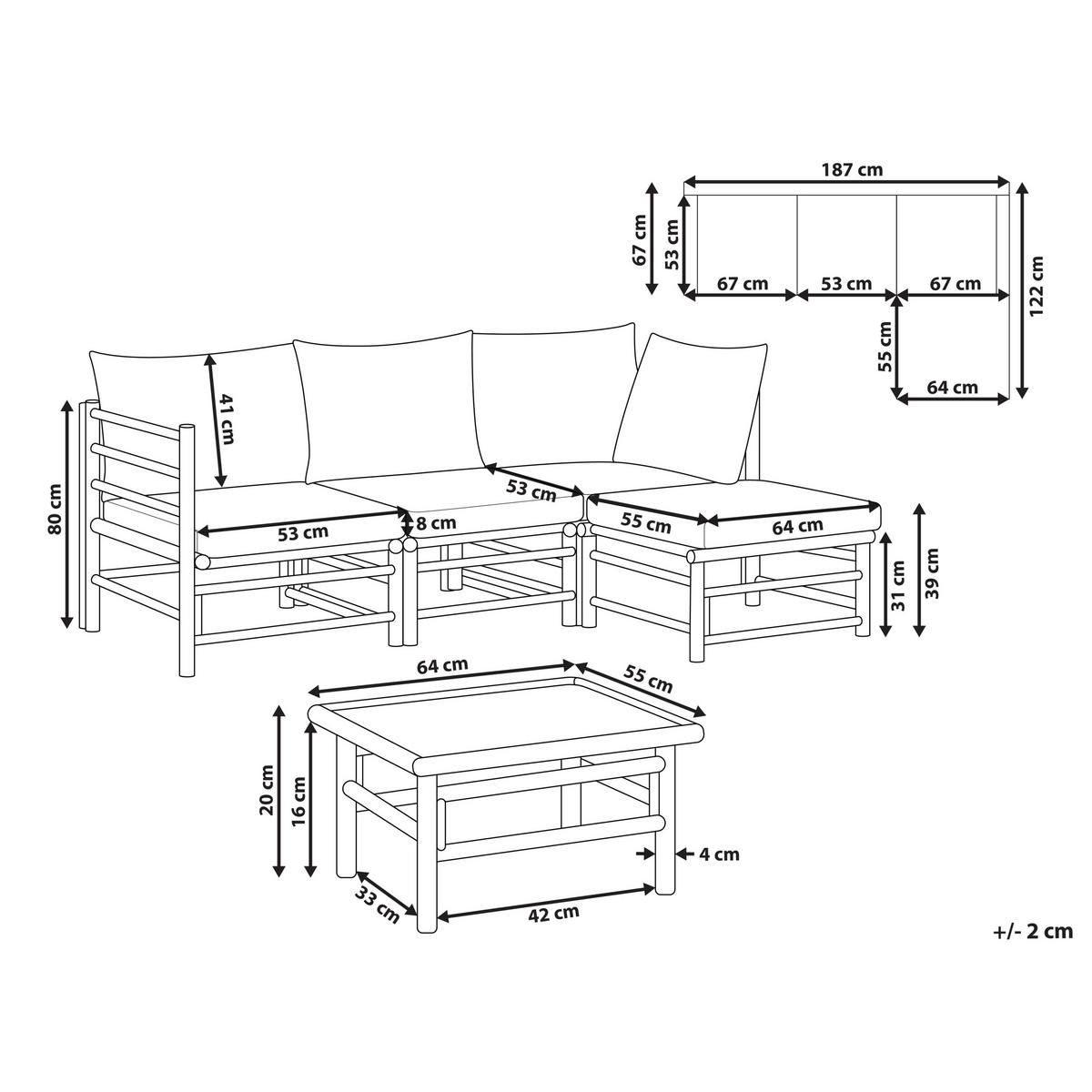 LOUNGE SET 4-Sitzer Bambusholz hellbraun 3-teilig Auflagen cremeweiß Cerreto - Creme, Holz - Beliani