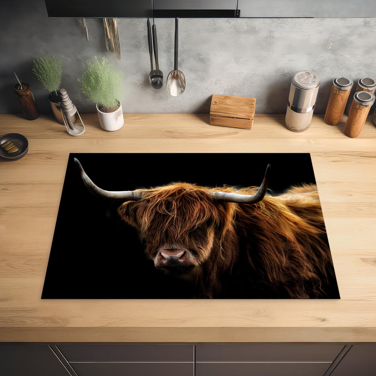 HERDABDECKPLATTE Schottischer Highlander - Hörner - Schwarz - Tiere - Natur - Wild - Kuh Herdabdeckung Induktionsfeld 75x52 cm - Cognac, Kunststoff (75/52/0.2cm) - MuchoWow