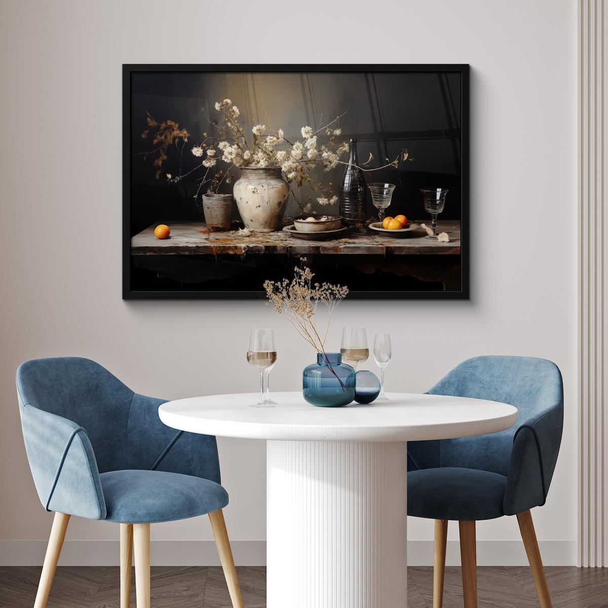 POSTER MIT RAHMENGERAHMTES BILD Stilleben - Blumen - Blumenstrauß - Vase - Wein 90x60 cm - Schwarz, Papier (90/60cm) - MuchoWow