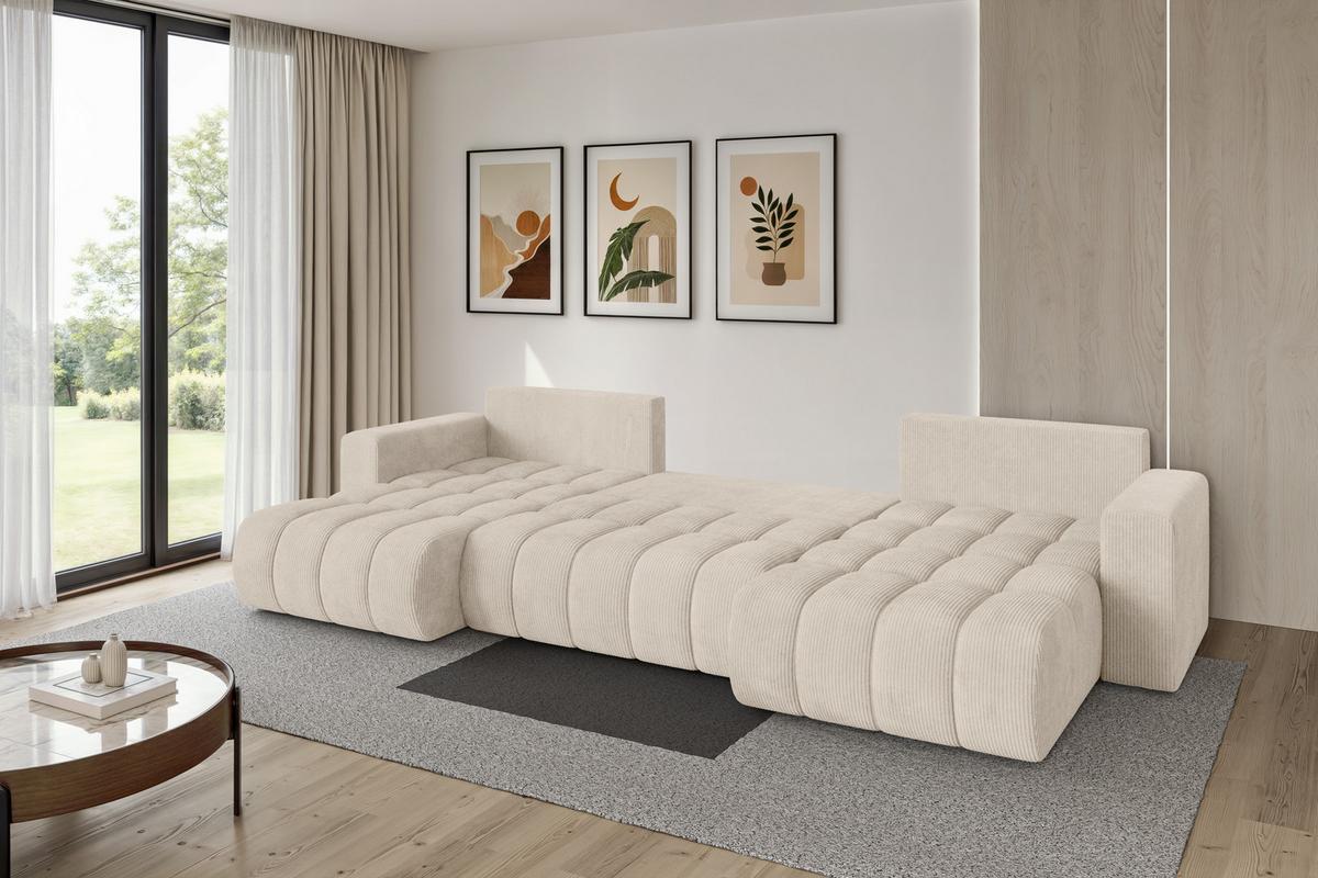 WOHNLANDSCHAFT mit Schlaffunktion und Bettkasten MILA-U-v1 378x194x86 Beige Cord - Beige/Schwarz, Holzwerkstoff/Kunststoff (378/86/194cm) - ALTDECOR