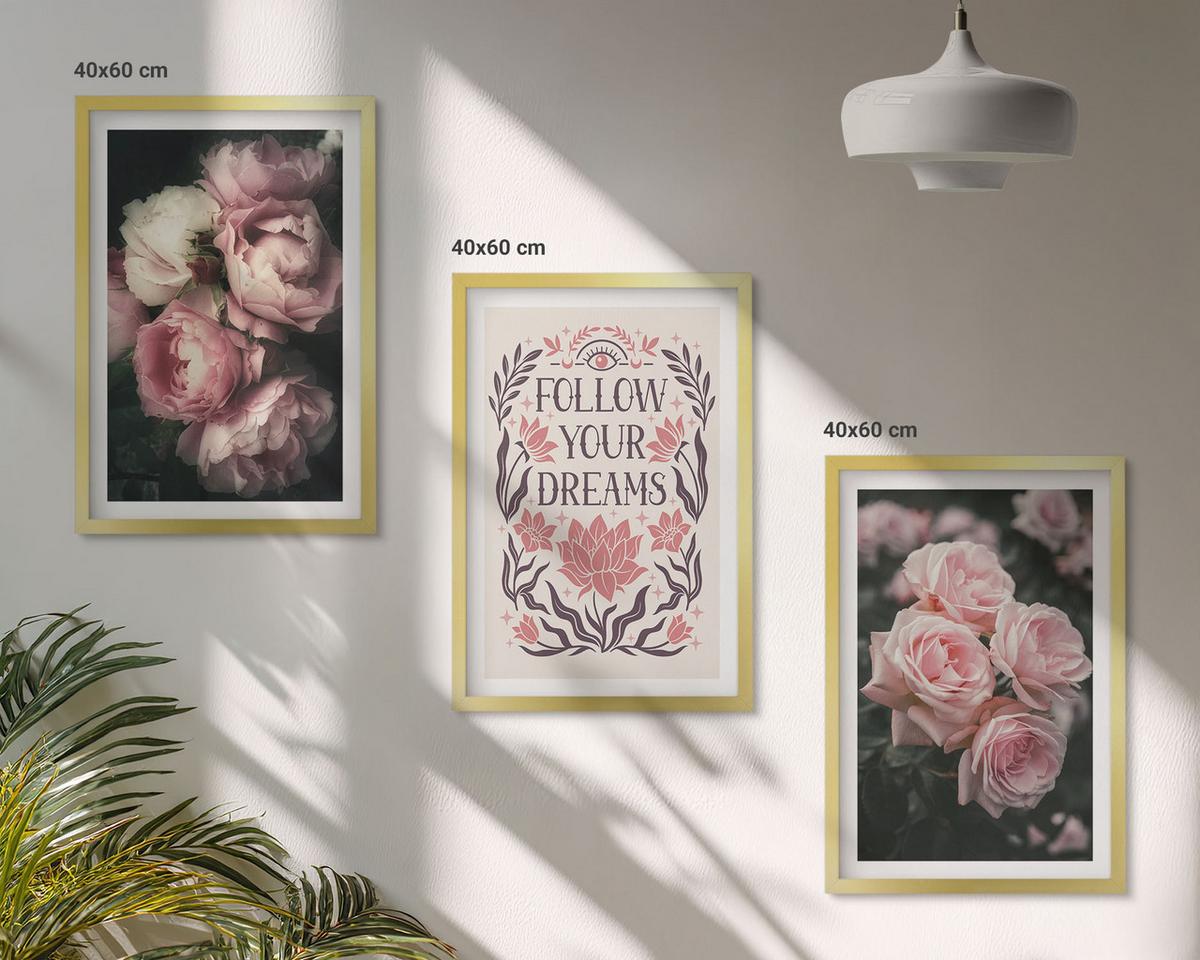 BILDER SET 3er Set - 40x60 cm Goldrahmen - Vintage-Rosenträume-Inschrift - Goldfarben, Kunststoff (40/60cm) - TULUP