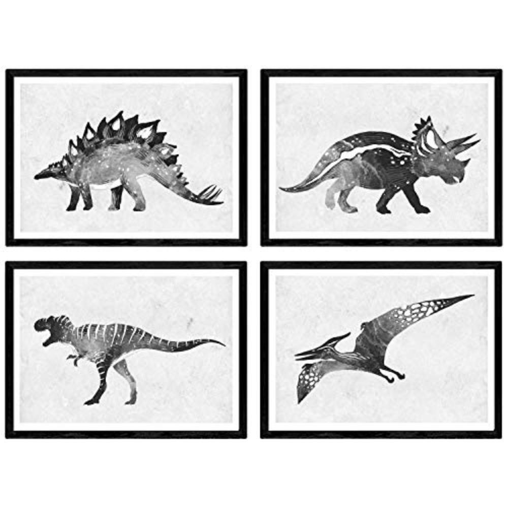 POSTER Set mit 4 schwarze Dinosaurier A4 Schwarzer Rahmen - Schwarz, Papier (29.7/3cm) - Nacnic