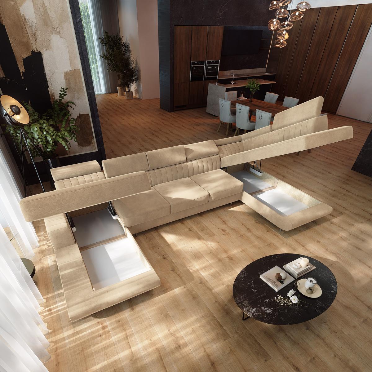 WOHNLANDSCHAFT GAIAN Creme Velours-Stoff mit Schlaffunktion - Creme, Holz (412/88/190cm) - MASSENO