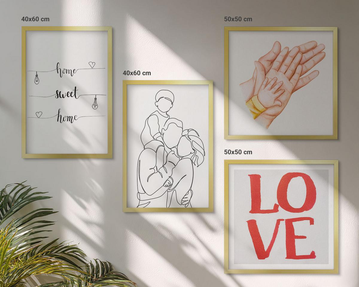BILDER SET 4er Set - 50x50 cm & 40x60 cm Goldrahmen - Familienillustrationen Hausschilder - Goldfarben, Kunststoff (50/50cm) - TULUP