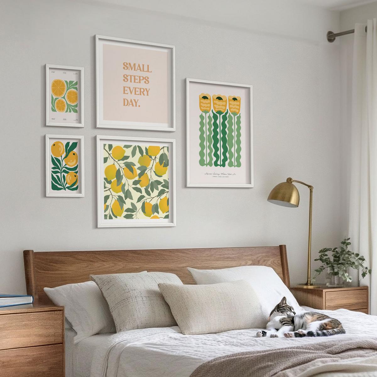 BILDER SET 5er Set - 50x50 cm & 20x30 cm & 40x60 cm Weißer Rahmen - Pflanzenmuster mit Blumen - Weiß, Kunststoff (40/60cm) - TULUP