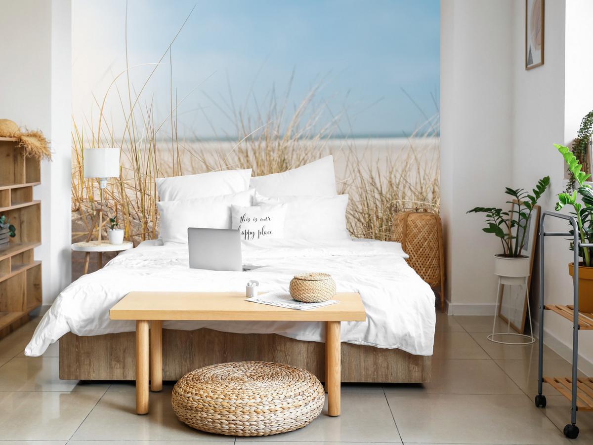 FOTOTAPETE für Schlafzimmer Dünen Sandstrand Gras Meerblick 100x70 - Blau/Gelb, Papier (100/70cm) - Muralo