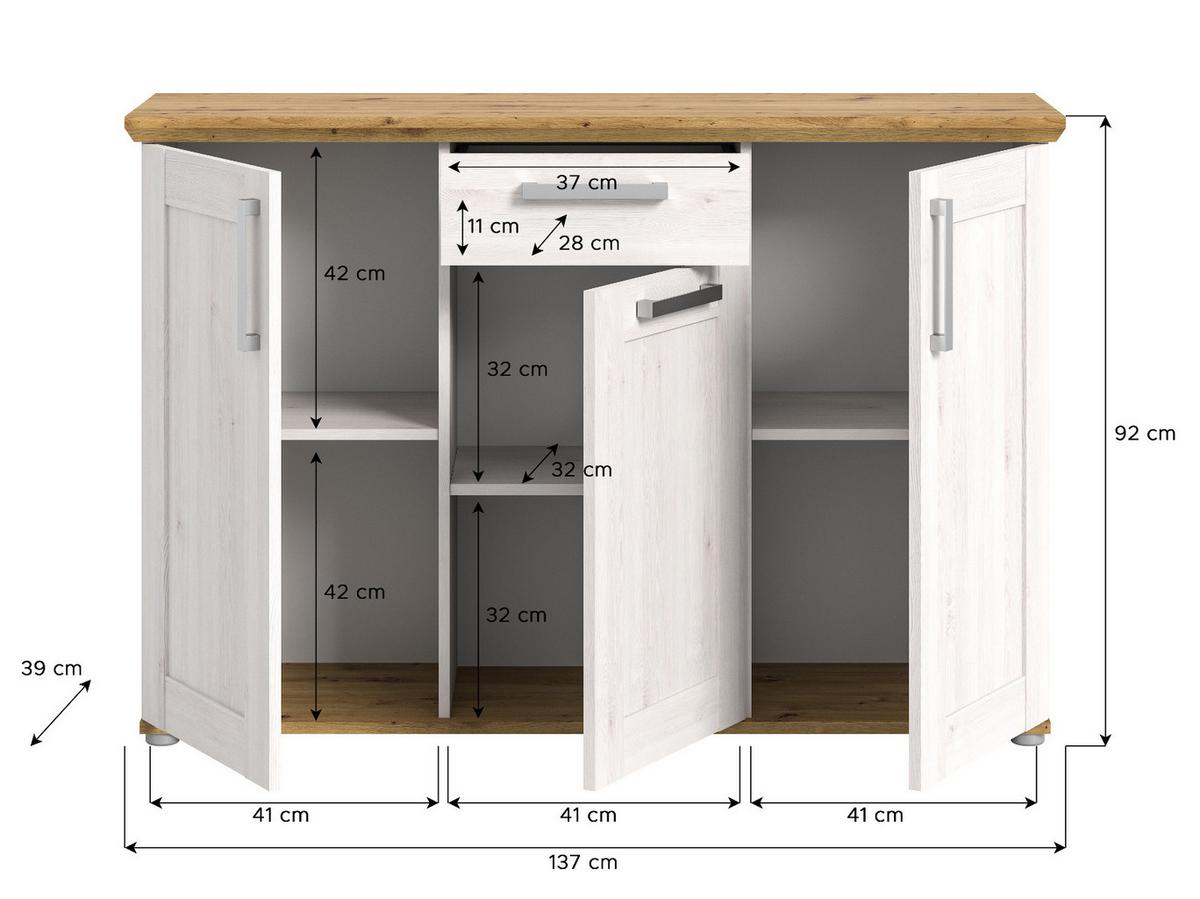 SIDEBOARD weiß Lärche, Eiche Artisan 137 cm, Kommode im Landhaus-Stil - Silberfarben/Weiß, Holzwerkstoff/Kunststoff (137/92/39cm) - Inn.Furn