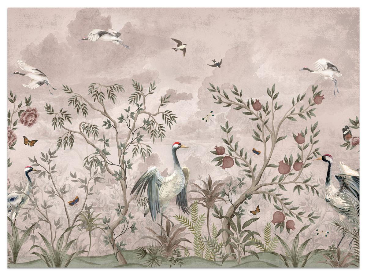 FOTOTAPETE für Schlafzimmer Kraniche Bäume Tropische Blumen Büsche 500x350 - Beige/Rot, Papier (500/350cm) - Muralo