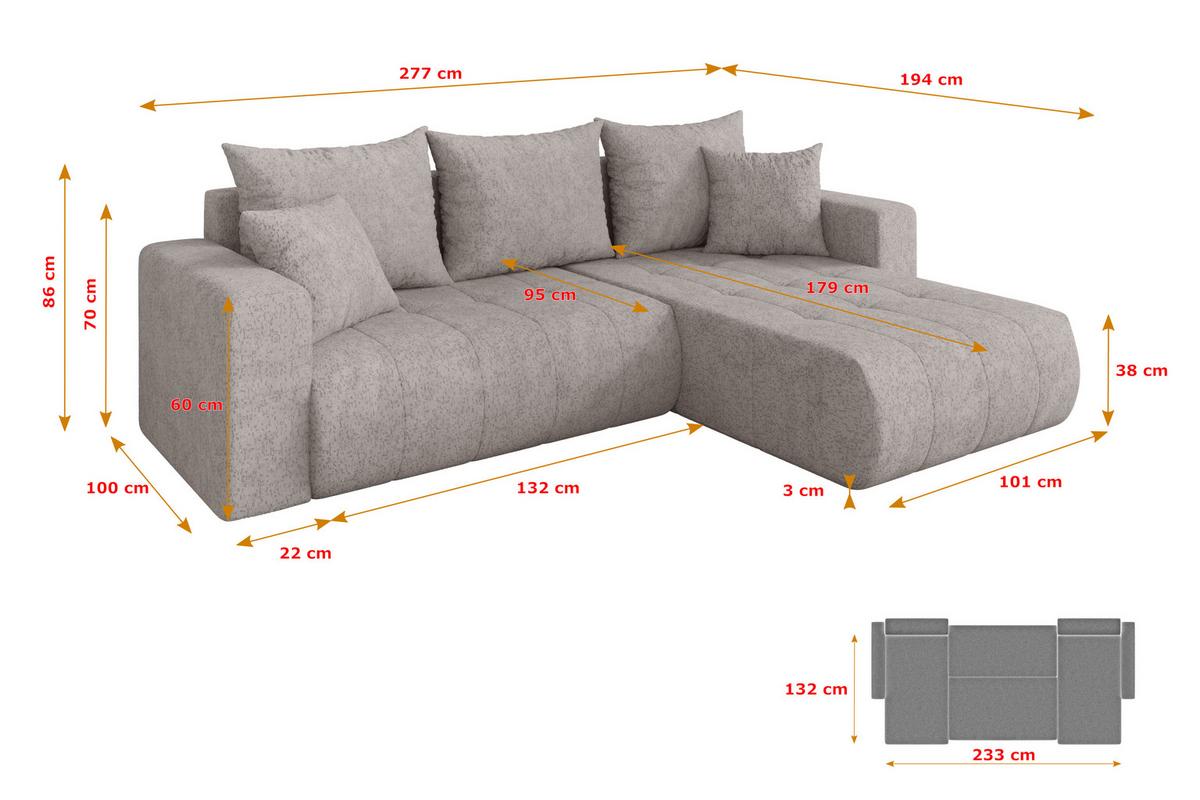 ECKSOFA mit Schlaffunktion Ottomane Rechts MILA-L 277x194x86 Hellgrau Velours - Hellgrau/Schwarz, Holzwerkstoff/Kunststoff (277/194cm) - ALTDECOR