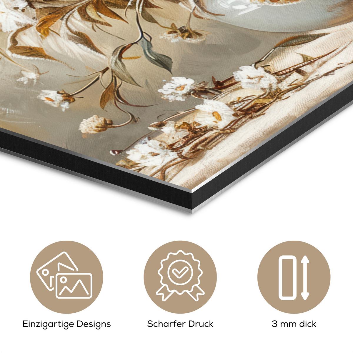METALLBILD Blumen - Vase - Stilleben - Beige 90x90 cm - Creme, Metall (90/90cm) - MuchoWow