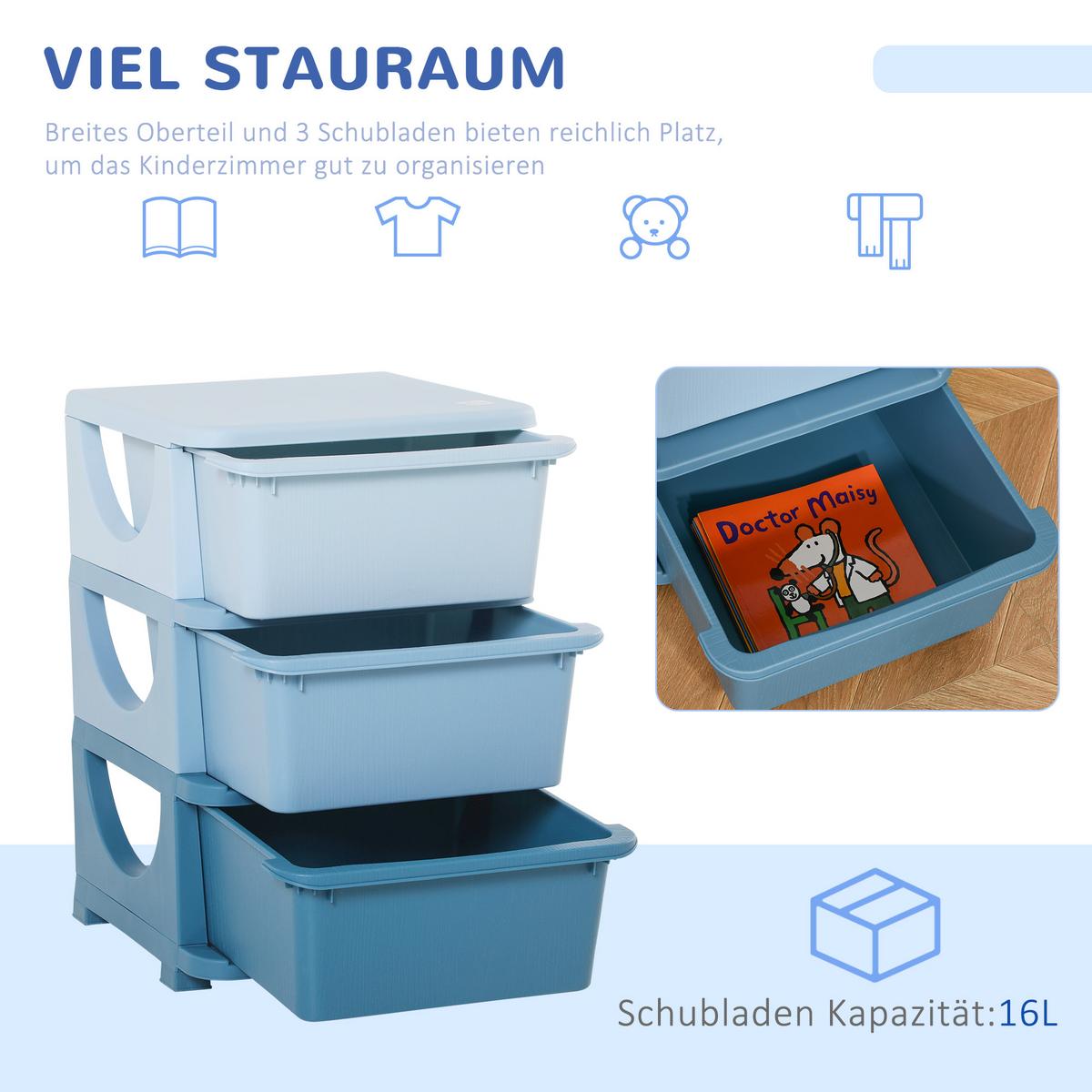 AUFBEWAHRUNGSBOXEN für Kinder, 3 große Schubladen, Kunststoff, Blau - Blau, Kunststoff (37/56.5/37cm) - HOMCOM