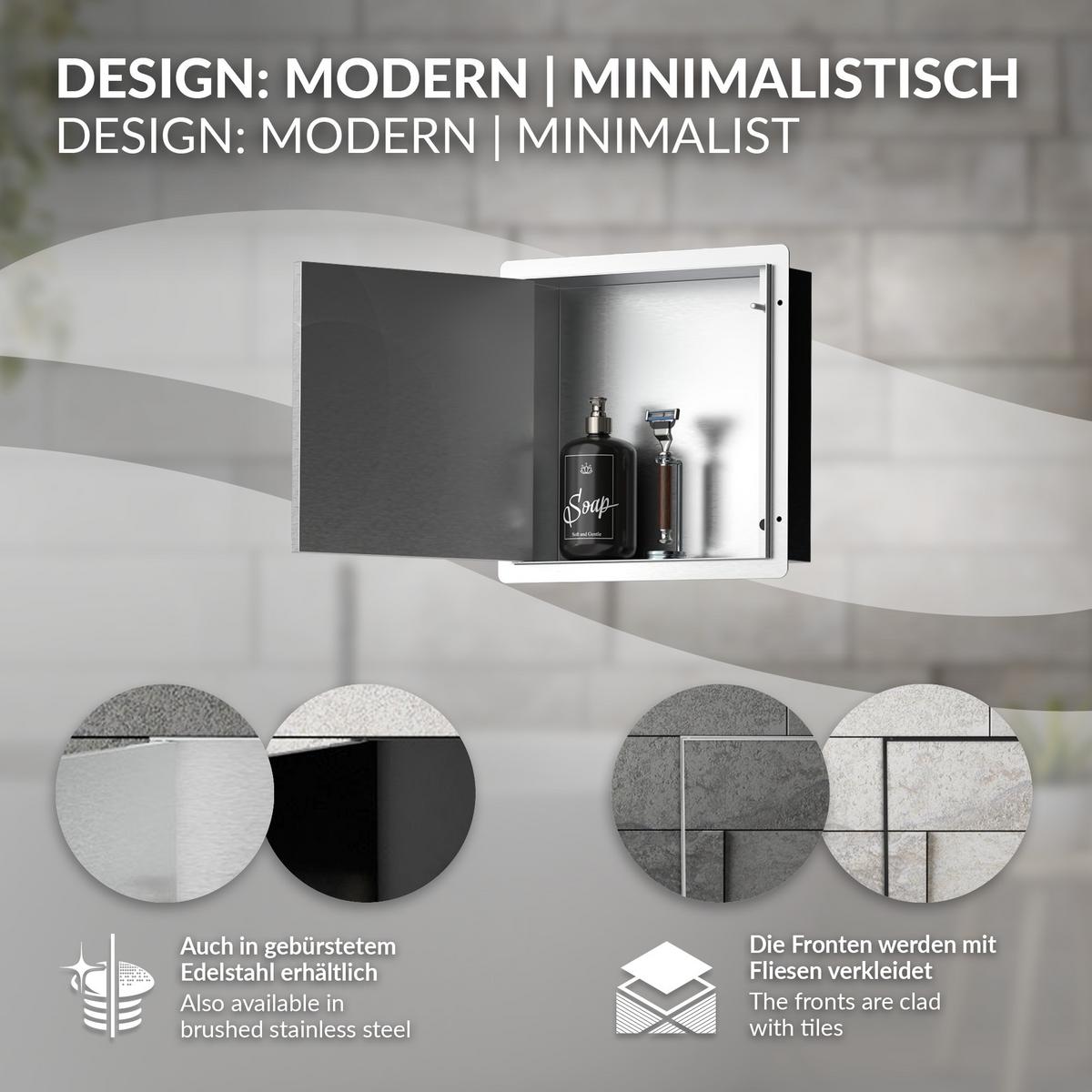 DUSCHNISCHE Edelstahl gebürstet mit befliesbarer Tür Silber 25,5/25,5 cm - Silberfarben, Metall (30/10/30cm) - LuxeBath