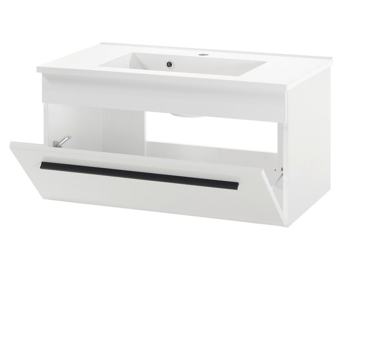 WASCHBECKENUNTERSCHRANK Waschbecken weiß Hochglanz, Waschtisch Set hängend, 80 x 43 cm - Weiß Hochglanz/Schwarz, Holzwerkstoff/Kunststoff (80/45/47cm) - Furn.Design