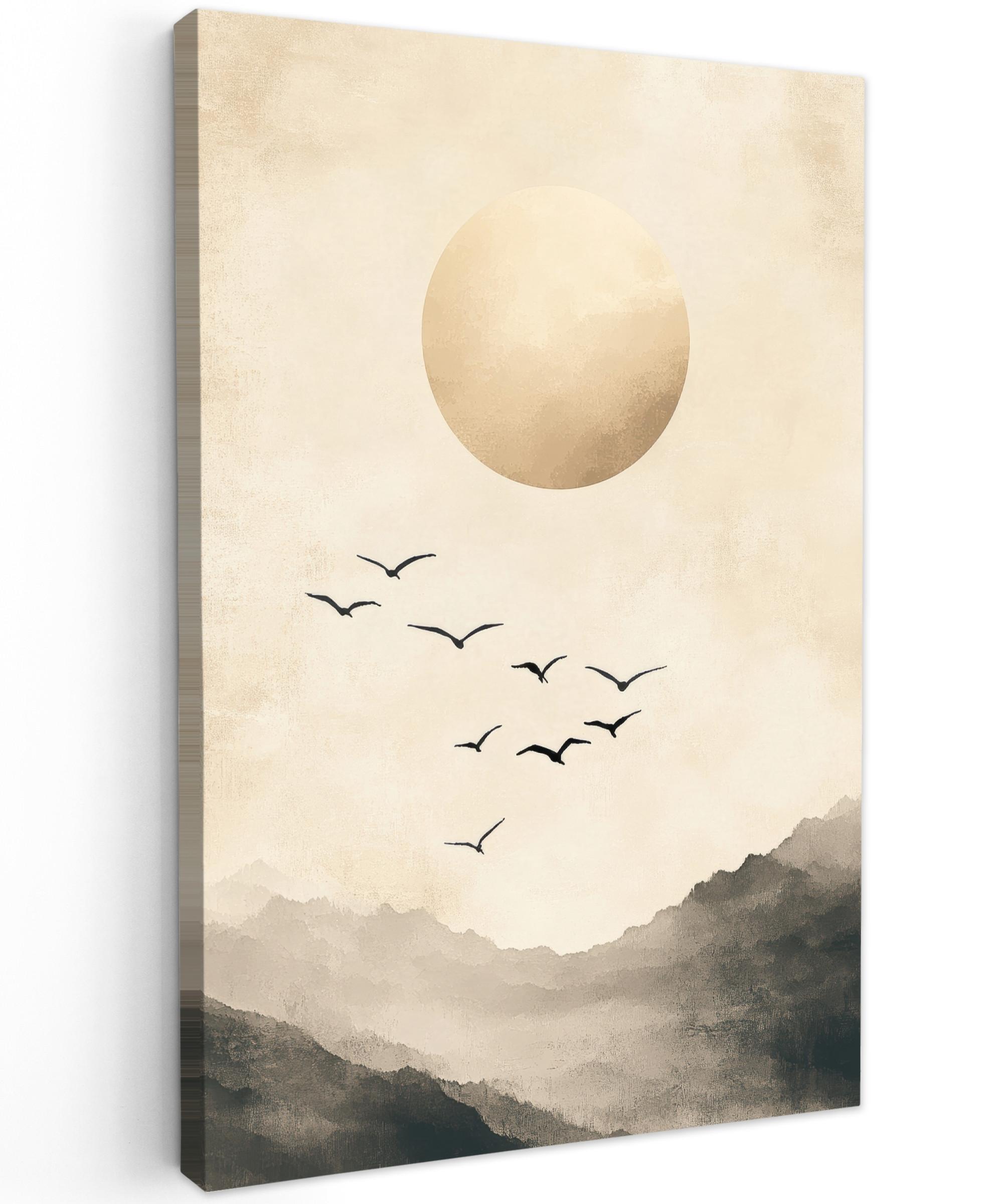 LEINWANDBILD Landschaft - Japandi - Vogel Deko Groß 90x140 cm - Beige, Textil (90/140cm) - MuchoWow
