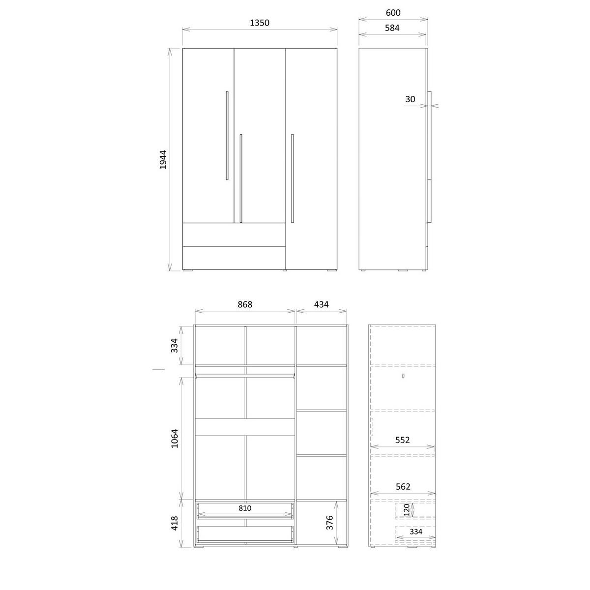 DREHTÜRENSCHRANK Largo mit 3 Türen und 2 Schubladen, für Jugendzimmer, 135 cm, Kaschmir - Kaschmir, Holzwerkstoff (135/195/60cm) - Beautysofa