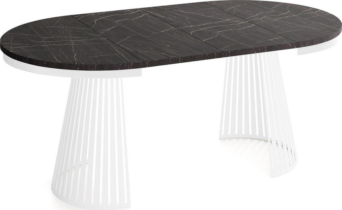 ESSTISCH Naro rund ausziehbar mit Weißem Lamellen-Metallgestell, Marmor Schwarz 100-180/100/76 cm - Anthrazit/Weiß, Holzwerkstoff/Metall (100/176/76cm) - WFL GROUP
