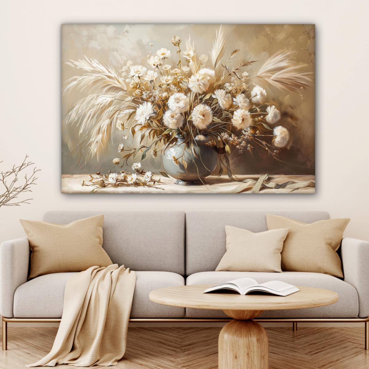 LEINWANDBILD Blumen - Vase - Stilleben - Beige Wohnzimmer Groß 120x80 cm - Creme, Textil (120/80cm) - MuchoWow