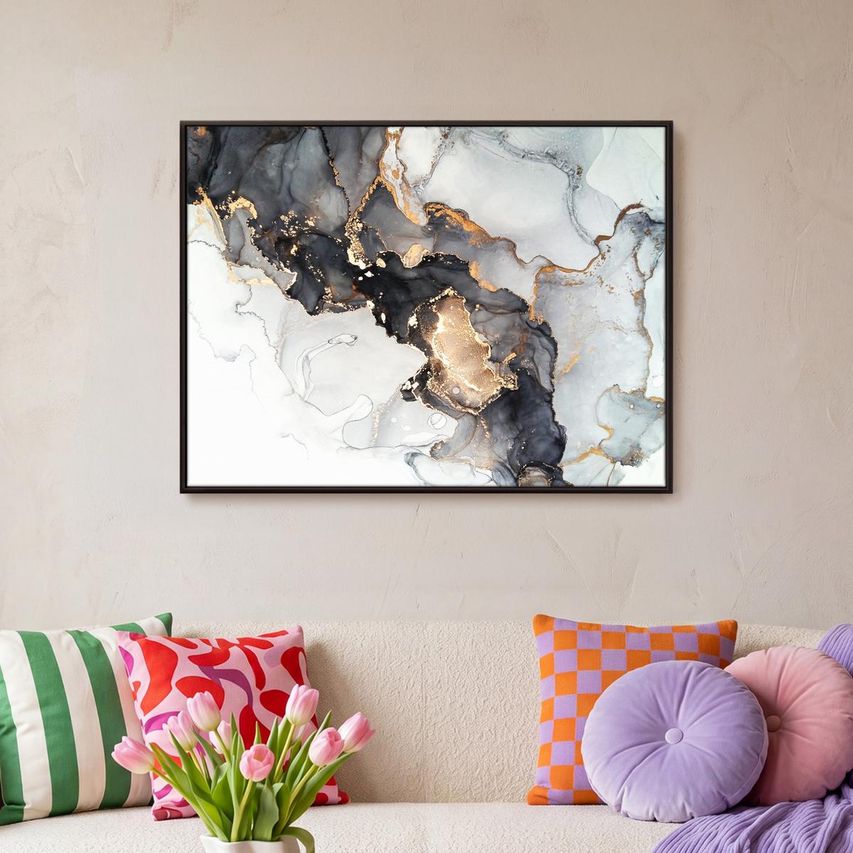 LEINWAND Bilder mit Rahmen - Marmor - Schwarz - Weiß - Gold - Luxus - Abstrakt - 70x50 - Goldfarben, Textil (70/50cm) - MuchoWow