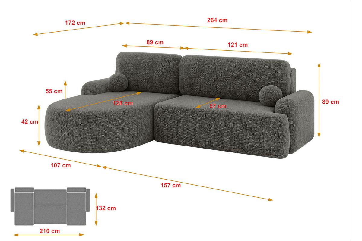 ECKSOFA mit Schlaffunktion und Bettkasten LIRA-L - 264x172x89 Grau - Grau, Holzwerkstoff/Textil (264/172cm) - ALTDECOR