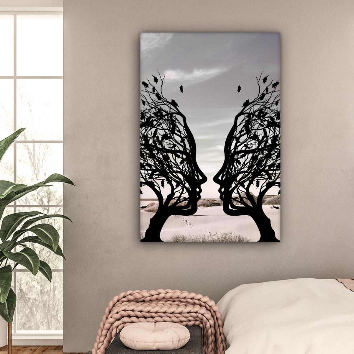 LEINWANDBILD Strand - Meer - Menschen - Baum - Moderne Kunst Deko XXL 80x120 cm - Hellgrau, Textil (80/120cm) - MuchoWow