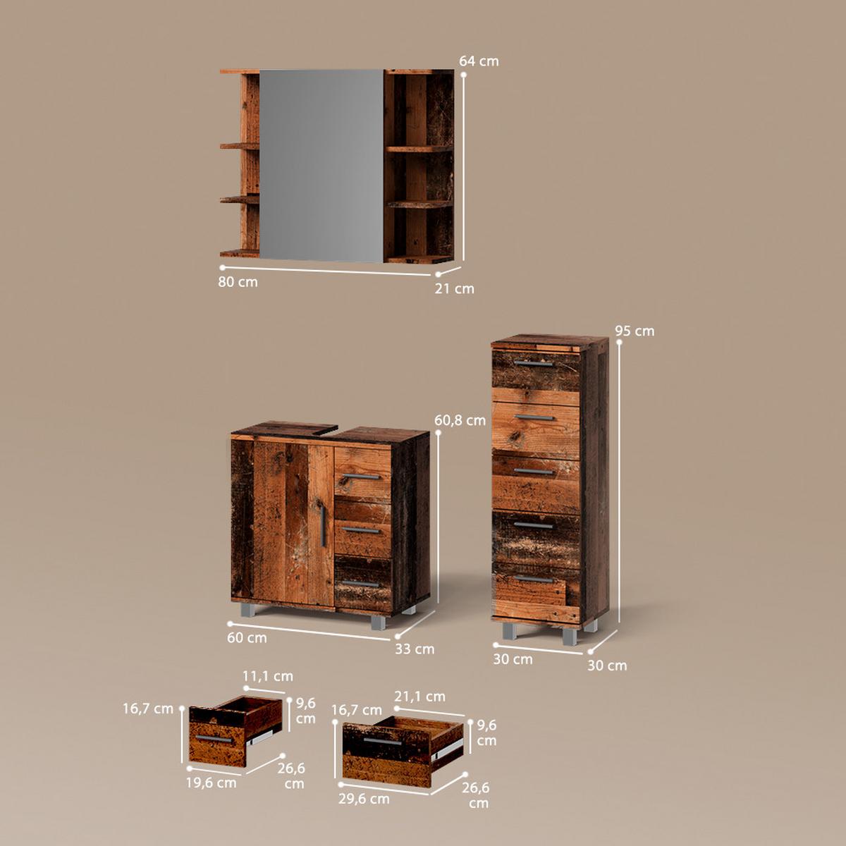 BADMÖBEL-SET Eisak Eiche rustikal 3 Teile, mit Midischrank - Wildeiche, Holzwerkstoff (60/60/33cm) - Livinity®