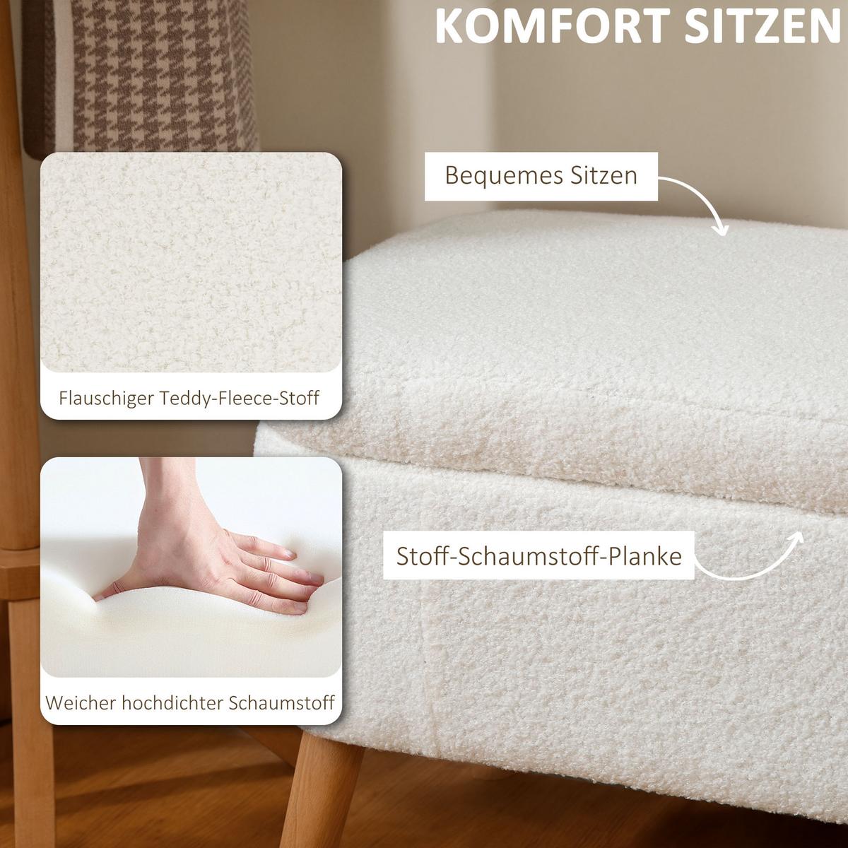 TRUHENBANK mit Fleece-Optik, Holzbeine für Wohnzimmer - Creme, Textil (42/45/120cm) - HOMCOM