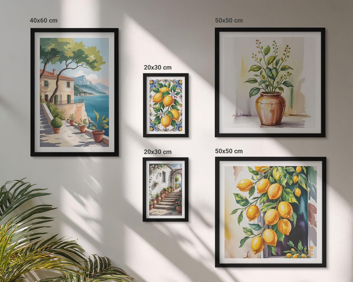 BILDER SET 5er Set - 50x50 cm & 20x30 cm & 40x60 cm Schwarzer Rahmen - Zitrusbaum im Fenster am Meer - Schwarz, Kunststoff (40/60cm) - TULUP