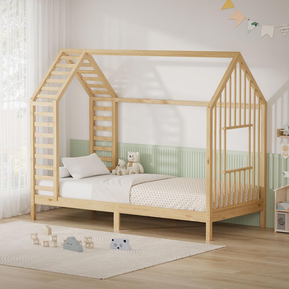 KINDERBETT 90x200 cm mit Matratze Lattenrost & Dach Hausbett aus massivem Kiefernholz Natur - Naturfarben, Holz (90/200cm) - ML-DESIGN