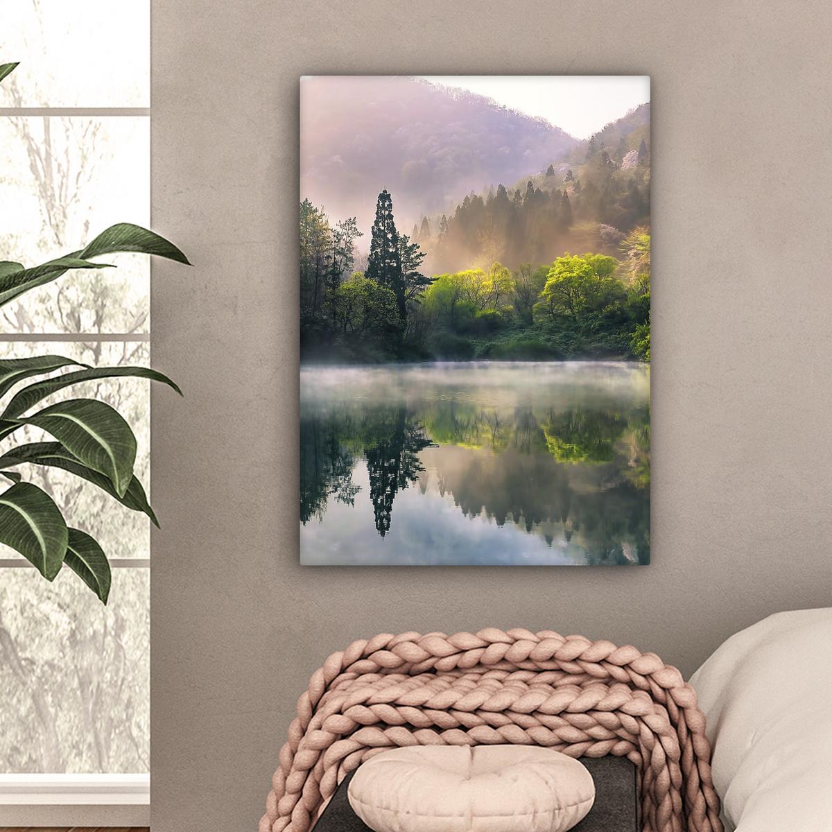 LEINWANDBILD Natur - Bäume - Berge - See - Wasser Wandbild Wohnzimmer 60x80 cm - Hellgrün, Textil (60/80cm) - MuchoWow